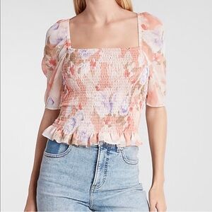 Express Peach Floral Smocked Blouse